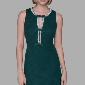 Karl Lagerfeld Paris Elegant Emerald Green Dress with Bow & Pearl Accents - NWT
